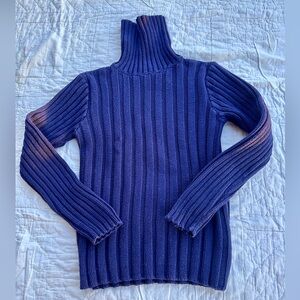 Vintage J.CREW 90s Ribbed Cotton Blue Turtleneck Sweater Preppy Academia Size S